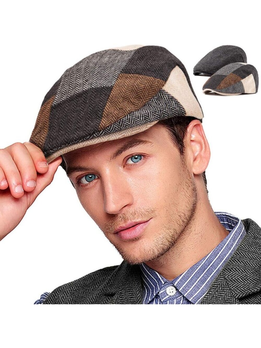 2-Pack Adjustable Newsboy Hats for Men | Flat Cap Irish Wool Blend Tweed